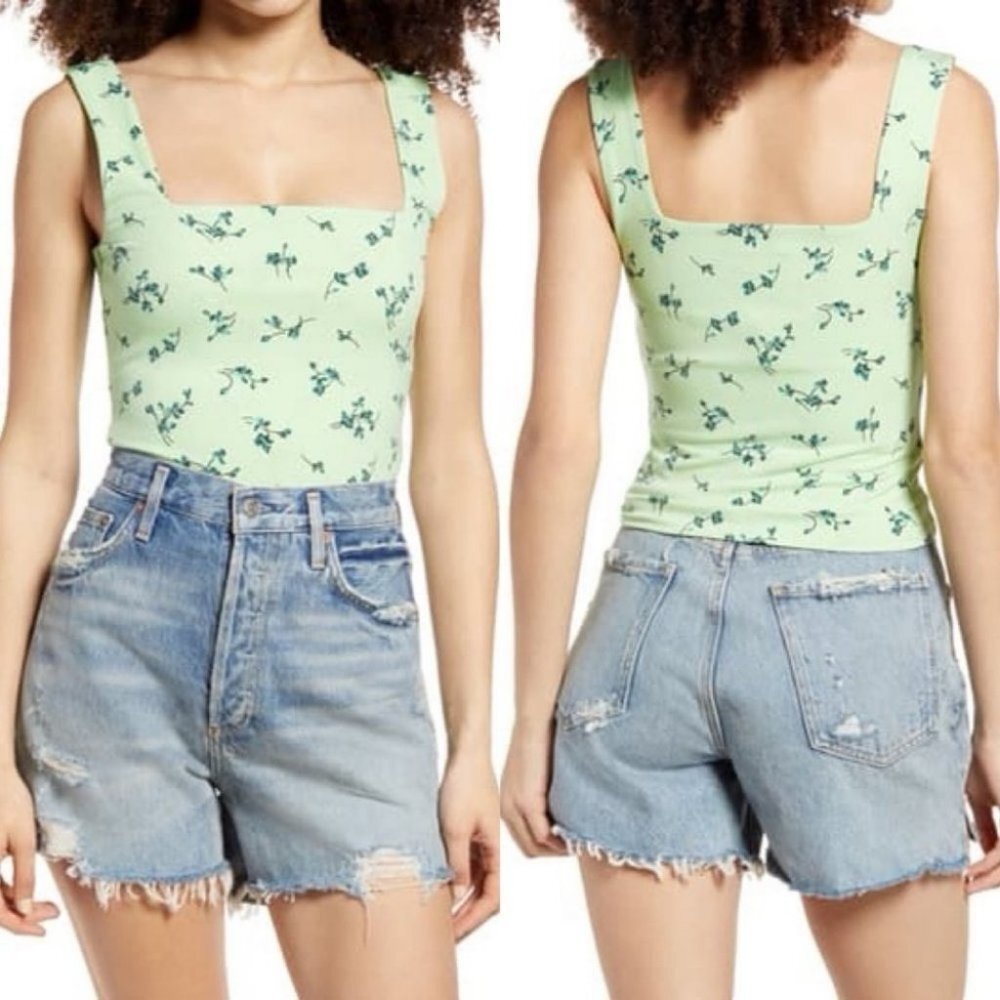 Nordstrom Square Neck Tank Green Floral Size XXS New Without Tag Modern Boho Y2K